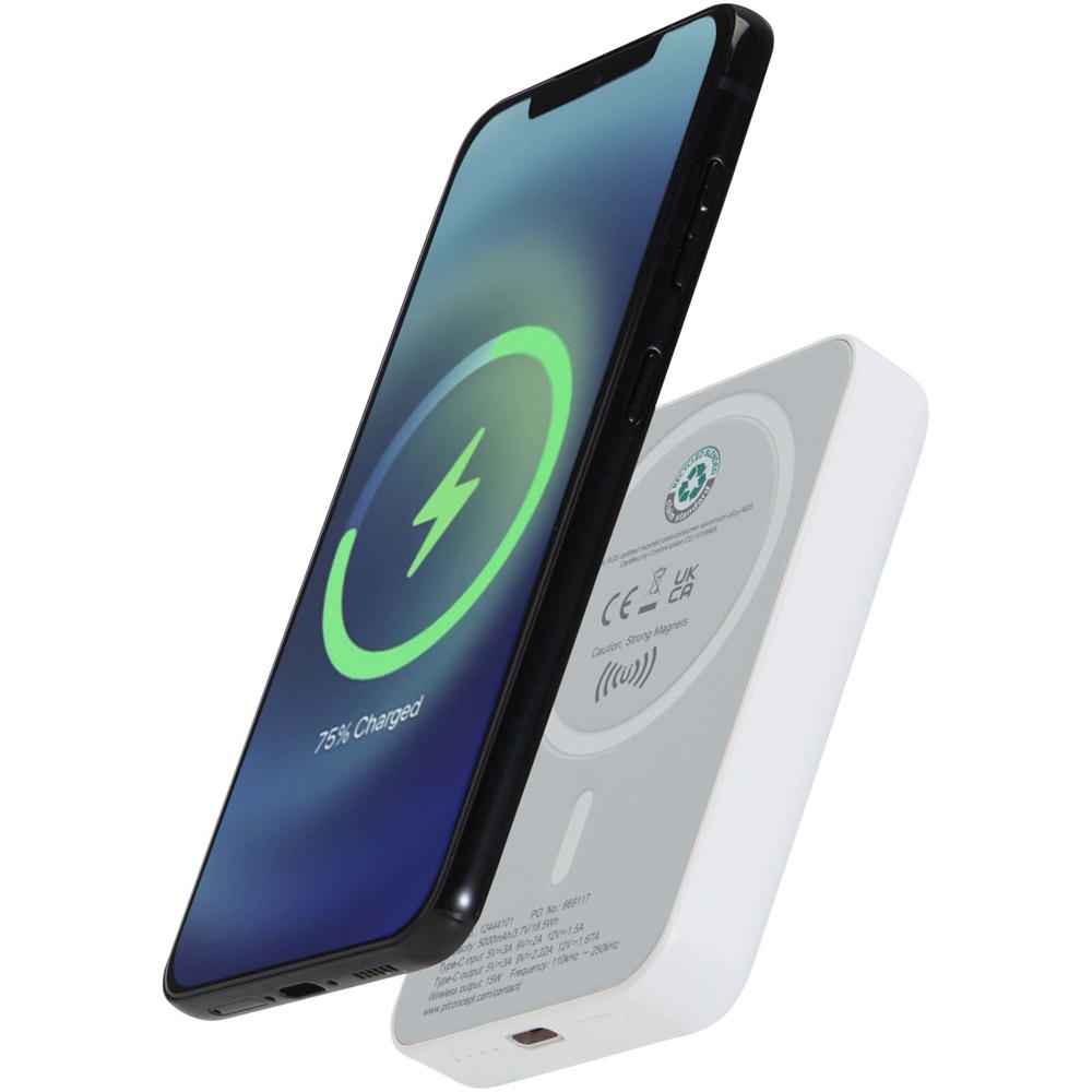 Acrab magnetische draadloze powerbank van 5000 mAh 15 W met 20 W PD van gerecycled plastic - wit