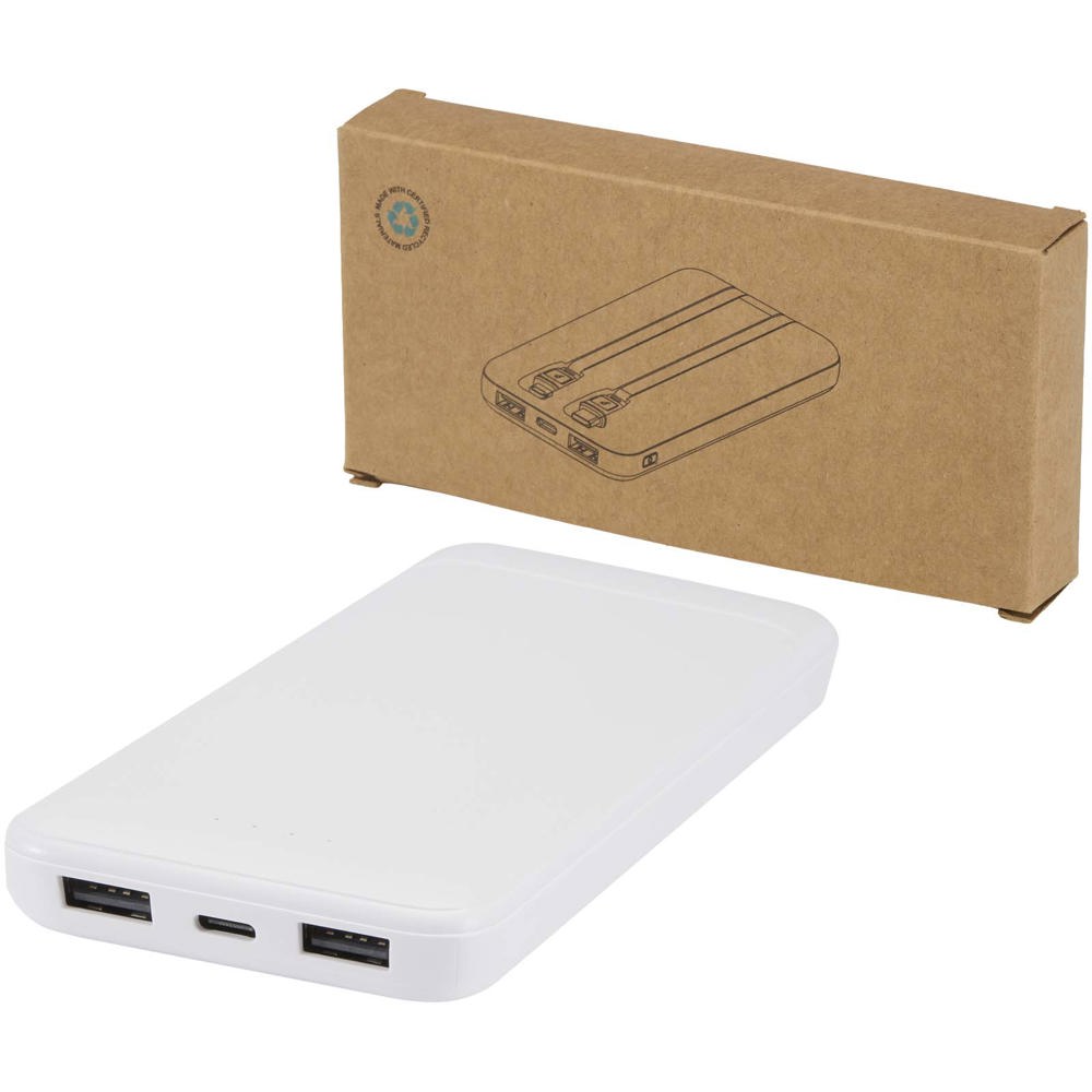Adhil powerbank van 10.000 mAh 10 W van gerecycled plastic met 2 ingebouwde kabels - wit